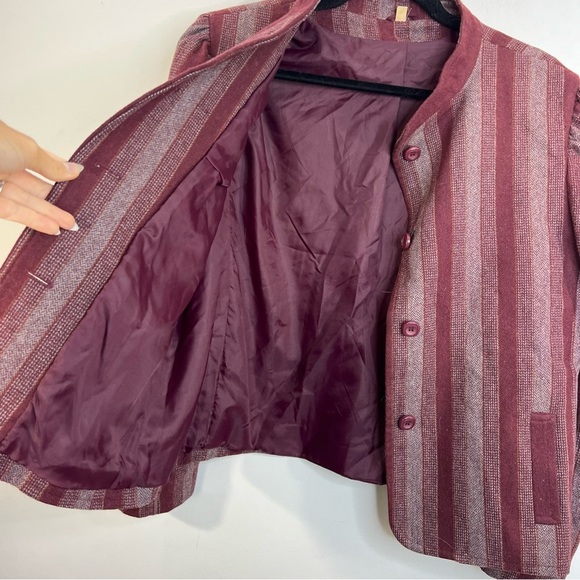 Vtg Made in England grey burgundy tweed herringbone striped cropped jacket 16 - Picture 8 of 14